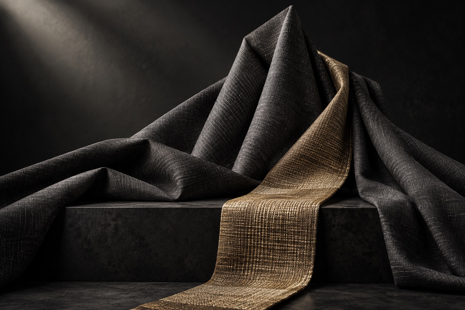 Pliegues textiles carbón con un acento dorado; imagen ilustrativa, no instalaciones